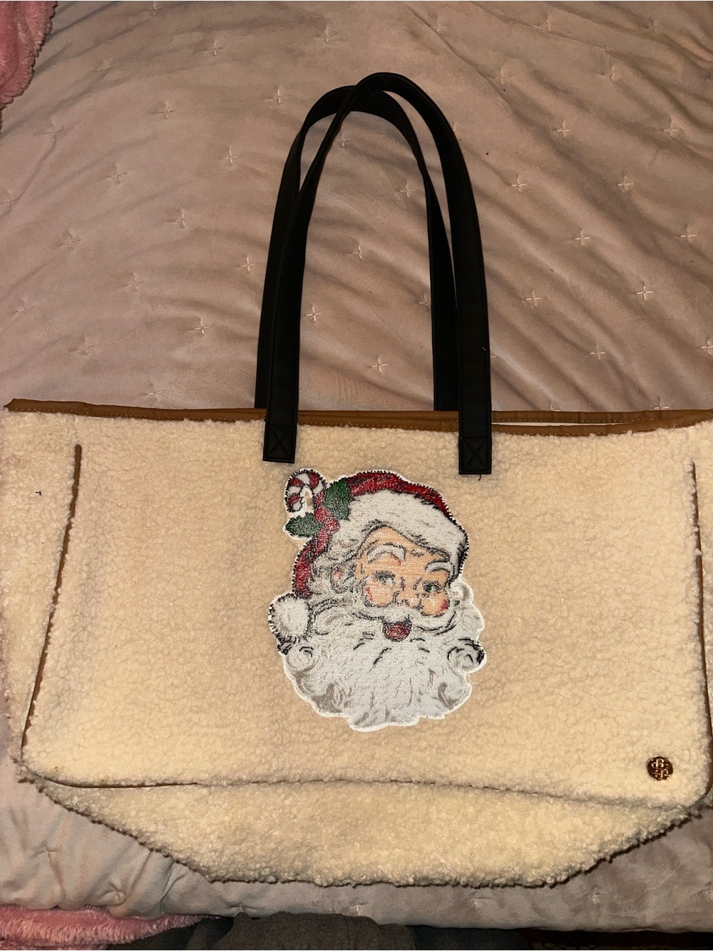 Cream Sherpa Tote Bag with Santa Applique